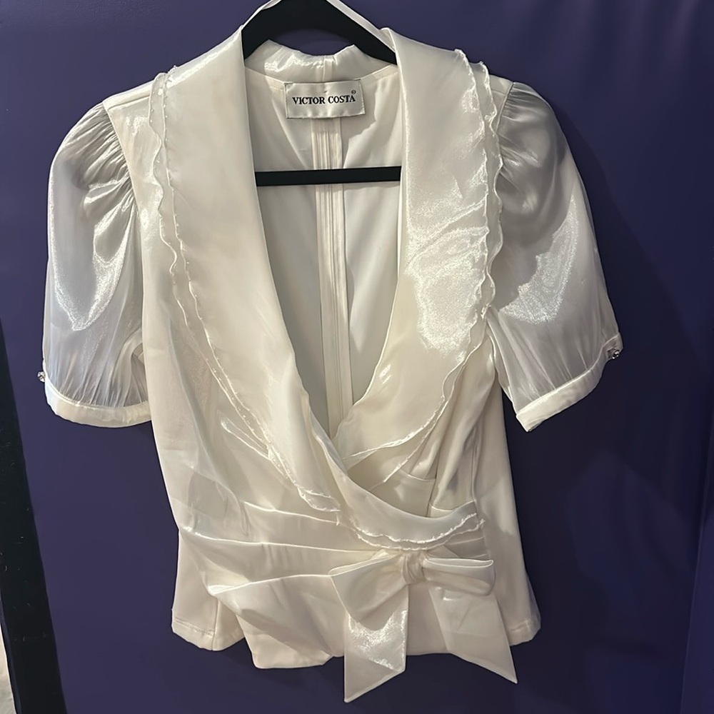 NWOT Victor Costa Women's Mock Wrap Blouse Ivory Gauzy Organza 10